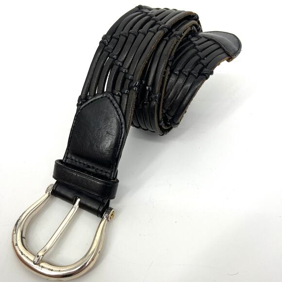 Vintage Brighton Black Leather Woven Belt Silver Buckle Size XL 36